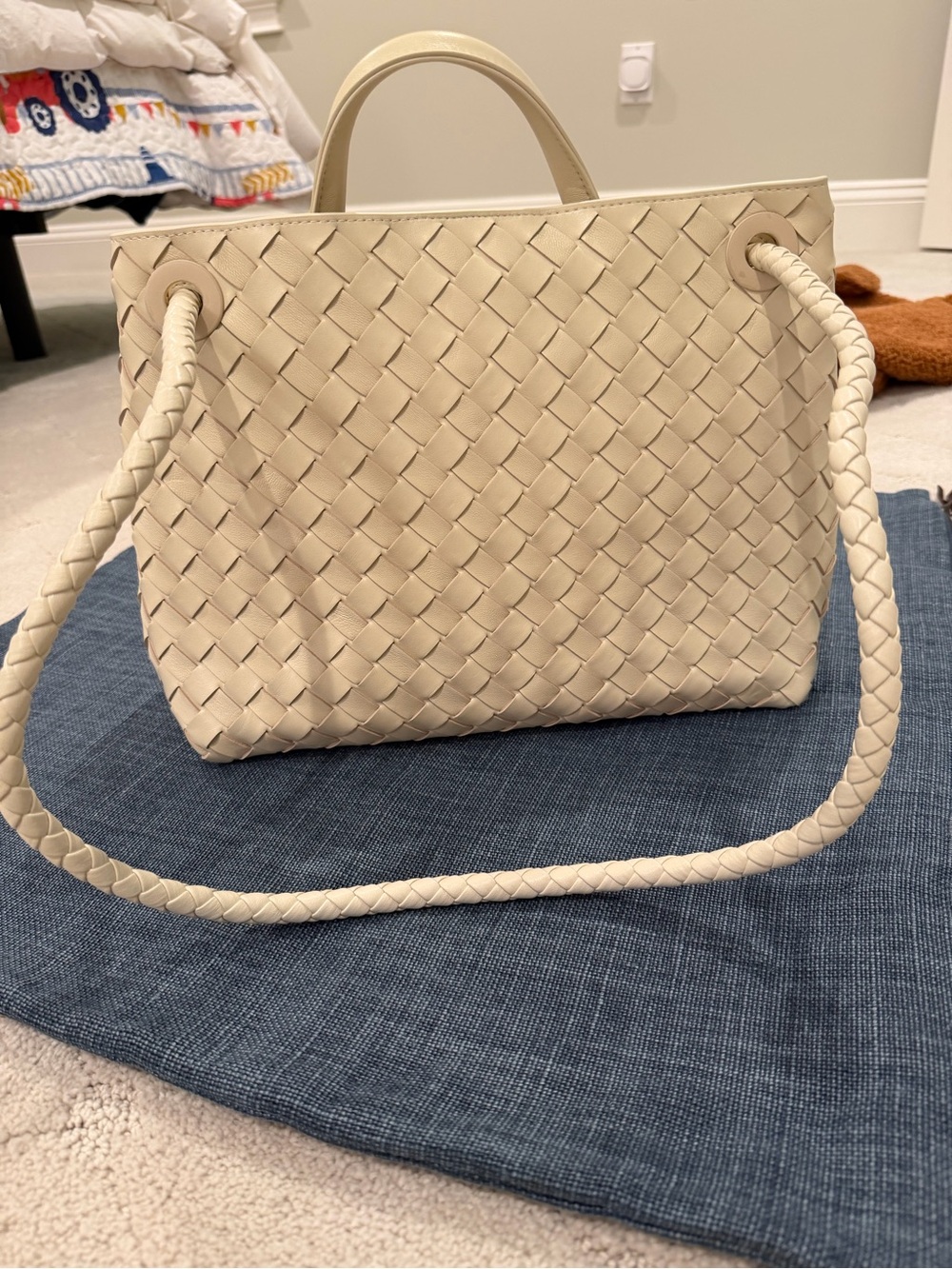 Woven Leather Top-Handle Tote in Cream with Gold Accent - Picture 2 of 9